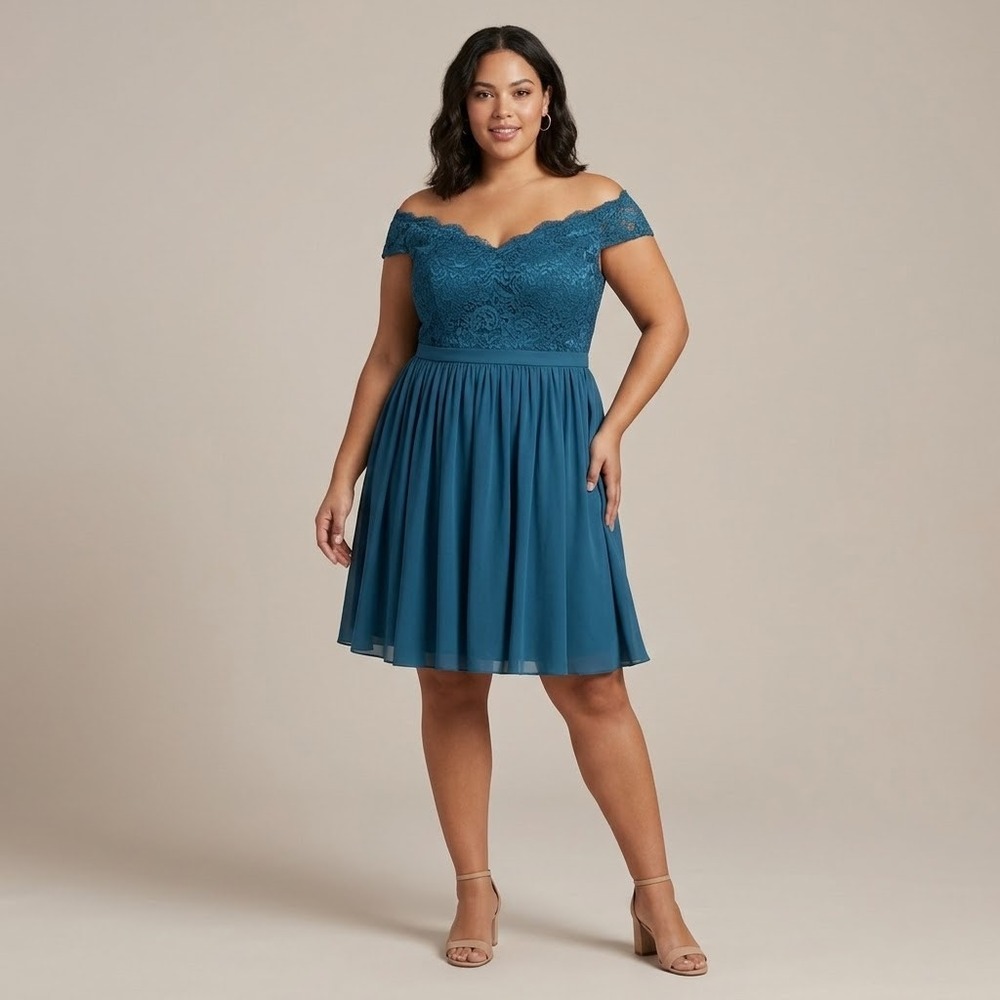 JJ's House Ocean Blue Lace Off-Shoulder Chiffon Cocktail Dress Wedding Guest